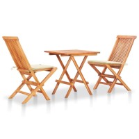 Vidaxl Folding Bistro Set With Cream Cushions - 3 Piece Garden/Patio Furniture Set In Solid Teak Wood - Suitable For Indoor/Outdoor Use - Easy Assembly & Space-Efficient