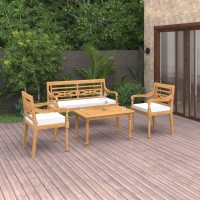 Vidaxl 4 Piece Patio Dining Set - Solid Teak Wood Lounge Set With Cream Cushions, Table, 2 Chairs And Bench - Easy Assembly