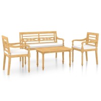 Vidaxl 4 Piece Patio Dining Set - Solid Teak Wood Lounge Set With Cream Cushions, Table, 2 Chairs And Bench - Easy Assembly
