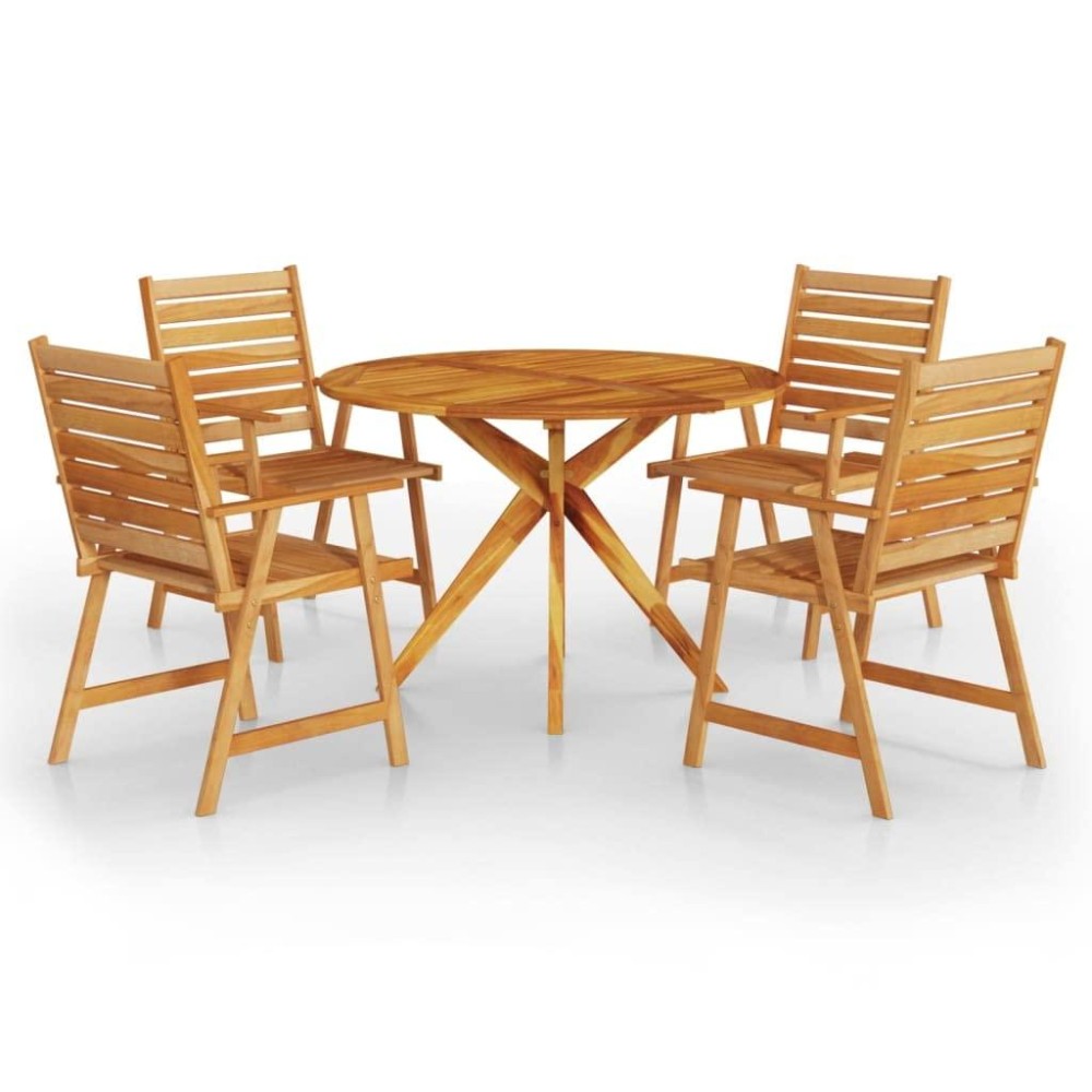 vidaXL Garden Patio Dining Set 5 Piece Outdoor Furniture Set with Solid Acacia Wood Table and Chairs Round Tabletop Design
