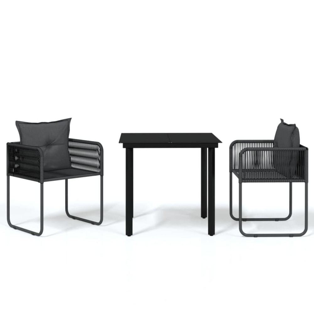 Vidaxl 3-Piece Patio Dining Set With Back Pillows, Pe Rattan Chairs & Glass Tabletop, Powder-Coated Steel Frame - Black