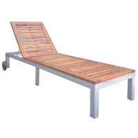 Vidaxl Outdoor Sun Lounger With Cushion, Adjustable Backrest, Solid Acacia Wood And Galvanized Steel, Portable Design With Wheels, Green Cushion, Perfect For Garden, Patio, Balcony.