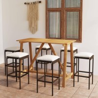 Vidaxl 7 Piece Patio Bar Set - Solid Acacia Wood Table, Weather-Resistant Pe Rattan Bar Stools, Removable Cushions - Perfect For Patio, Garden, Or Terrace