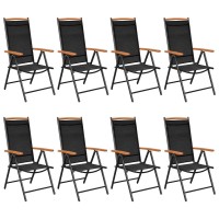 Vidaxl 9 Piece Patio Dining Set, Durable Powder-Coated Aluminum & Wpc, 8 Black Folding Outdoor Chairs, Adjustable Backrests, Contemporary Style