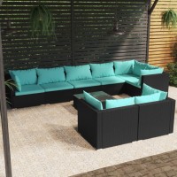 Vidaxl Patio Lounge Set - 9 Piece Outdoor Ensemble With Modular Design, Durable Powder Coated Steel Frame, Water-Resistant Poly Rattan Material, Comfortable Cushions - Black And Water Blue