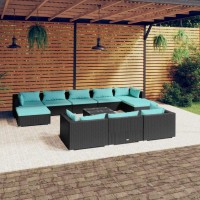 Vidaxl 11 Piece Lounge Set- Black And Blue, Pe Rattan/Powder-Coated Steel Frame, Comfortable Outdoor Seat - Includes Cushions And Back Pillows For Outdoor Relaxation