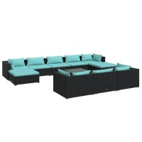 Vidaxl 11 Piece Lounge Set- Black And Blue, Pe Rattan/Powder-Coated Steel Frame, Comfortable Outdoor Seat - Includes Cushions And Back Pillows For Outdoor Relaxation