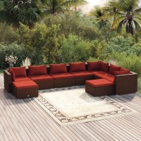 Vidaxl 9 Piece Patio Lounge Set With Cushions - Outdoor Poly Rattan Furniture - Brown With Cinnamon Red Fabric Cushions