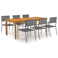 Vidaxl Patio Dining Set - 7 Piece Outdoor Dining Furniture Set With Solid Acacia Wood Table And Gray Pe Rattan Chairs - Farmhouse Style
