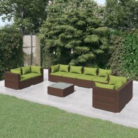 Vidaxl 9 Piece Patio Lounge Set With Cushions - Durable Poly Rattan Garden Sofa Set In Brown With Green Cushions - Modular Outdoor Furniture With Removable Fabric Pillows And Tempered Glass Coffee...