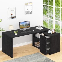 Hsh Black L Desk With Drawers Shelves Large Reversible L Shaped Desk With Storage Cabinet Corner Home Office Computer Desk Wor