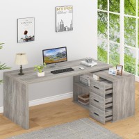 Hsh L Shaped Office Desk With Drawers Reversible Corner Wood Computer Desk Gray Large L Shaped Desk With Storage Cabinet Shelv