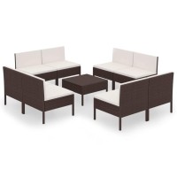 Vidaxl 9 Piece Patio Lounge Set - Structured In Durable Poly Rattan And Powder-Coated Steel - Includes 8 Sofa Pieces And A Footrest/Table - With Cushions In A Cream White Shade - In A Classic Brow...
