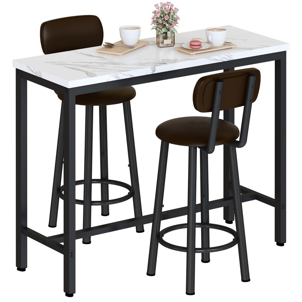 Lamerge Faux Marble Pub Height Table With 2 Pu Upholstered Stools,3-Piece Kitchen Table And Chairs,Suit For Dining Room & Living Room & Breakfast Nook,Space Saving Set For 2,White & Brown,39.3