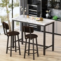 Lamerge Faux Marble Pub Height Table With 2 Pu Upholstered Stools,3-Piece Kitchen Table And Chairs,Suit For Dining Room & Living Room & Breakfast Nook,Space Saving Set For 2,White & Brown,39.3