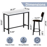 Lamerge Faux Marble Pub Height Table With 2 Pu Upholstered Stools,3-Piece Kitchen Table And Chairs,Suit For Dining Room & Living Room & Breakfast Nook,Space Saving Set For 2,White & Brown,39.3