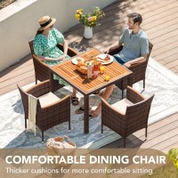 Devoko 5 Pcs Furniture Patio Conversation Set With Acacia Wood Top Rattan Outdoor Dining Table And Chairs For Backyard Garden