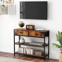 Kotek Industrial Console Table With 2 Folding Drawers, Narrow Sofa Table With Metal Frame, Couch Table Behind Sofa, 3-Tier Entryway Table For Hallway, Foyer, Living Room, Rustic Brown