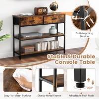 Kotek Industrial Console Table With 2 Folding Drawers, Narrow Sofa Table With Metal Frame, Couch Table Behind Sofa, 3-Tier Entryway Table For Hallway, Foyer, Living Room, Rustic Brown