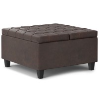 Simplihome Harrison Small Square Coffee Storage Table Ottoman, 30 Inch, Distressed Brown