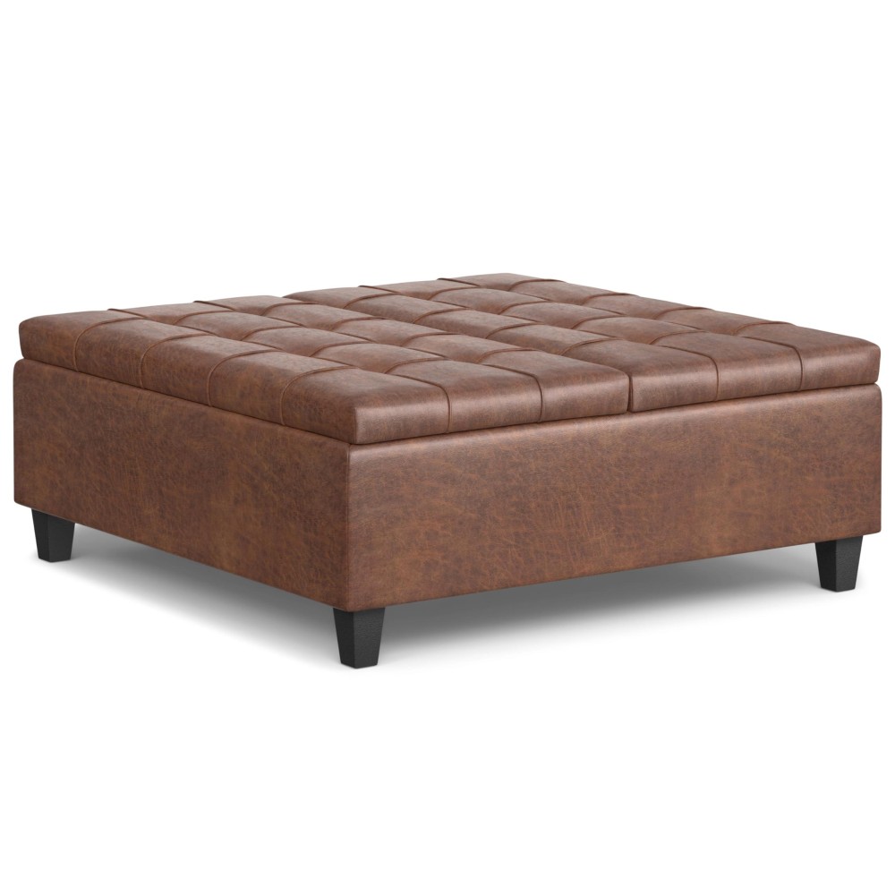 Simplihome Harrison Large Square Coffee Storage Table Ottoman, 40 Inch, Distressed Saddle Brown