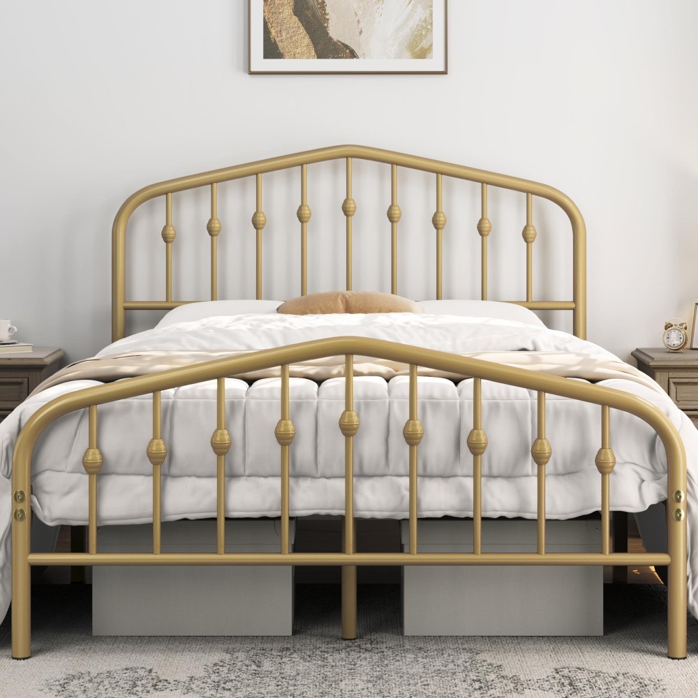 Yaheetech Full Bed Frames Metal Platform Bed With Victorian Style Wrought Iron Headboard And Footboard/Easy Assembly/No Box Spring Needed/Antique Gold Full Bed