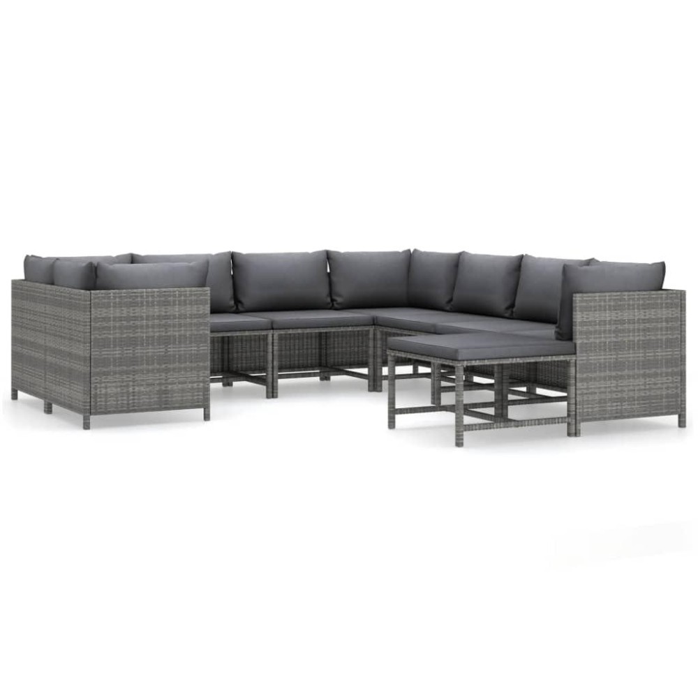 Vidaxl 9 Piece Outdoor Lounge Set - Durable Patio Furniture With Cushioned Corner And Middle Sofas, Footstool/Coffee Table - Gray Poly Rattan With Anthracite Fabric Cushions