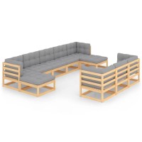 Vidaxl Patio Lounge Set With Cushions - Made Of Solid Pine Wood - Includes 4 Corner Sofas, 4 Middle Sofas, 2 Footstools - Sturdy, Durable & Comfortable - Gray Cushions - Ideal For Outdoor, Patio A...
