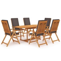 Vidaxl 7-Piece Patio Dining Set With Cushions, Solid Teak Wood, Weather-Resistant, Foldable And Adjustable Chairs, Umbrella-Compatible Table, Easy Assembly, Versatile Indoor/Outdoor Use, Scandina...