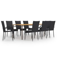 Vidaxl Outdoor Dining Set- 9 Piece Patio Furniture Set, Poly Rattan In Black With Solid Acacia Wood Table And Steel Frame, Stackable Chairs