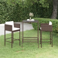 Vidaxl Poly Rattan Patio Bar Set- 3 Piece Outdoor Bar Set With Cushions, Tempered Glass Top, Weather-Resistant And Durable Construction, Perfect For Patio, Garden And Poolside