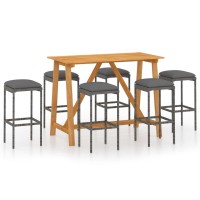 Vidaxl 7-Piece Outdoor Patio Bar Set - Weather-Resistant Pe Rattan Bar Stools & Solid Acacia Wood Table With Removable Cushions - Gray