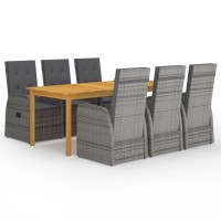 Vidaxl 7-Piece Outdoor Dining Set - Patio Furniture With Reclining Chairs - Durable Acacia Wood Table - Easy Maintenance Gray Rattan Chair - Comfortable Thick Cushions
