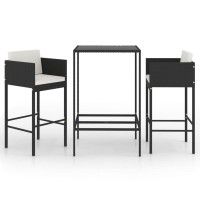Vidaxl 3 Piece Patio Bar Set In Black - Poly Rattan Outdoor Furniture Set With Cream White Cushions And Tempered Glass Tabletop