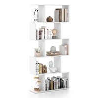 Tangkula 5-Tier Geometric Bookshelf, S Shaped Bookcase W/Anti-Toppling Device, Freestanding Room Divider, Industrial Home Office Decor Wood Open Storage Display Shelf For Living Room (1, White)