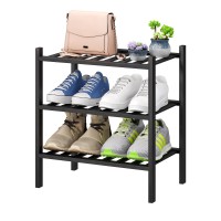 Viewcare Small Shoe Rack For Entryway 3Tier Black Bamboo Shoe Organizer For Hallway Closet Free Standing Shoe Racks For Indoor