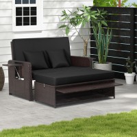 Tangkula Patio Rattan Daybed Set, Wicker Loveseat Sofa W/Multipurpose Ottoman & Retractable Side Tray, 4-Level Adjustable Backrest, Footstool W/Storage, Seat & Back Cushion Included (Black)