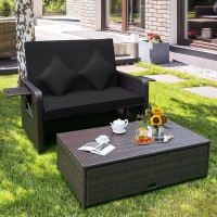 Tangkula Patio Rattan Daybed Set, Wicker Loveseat Sofa W/Multipurpose Ottoman & Retractable Side Tray, 4-Level Adjustable Backrest, Footstool W/Storage, Seat & Back Cushion Included (Black)