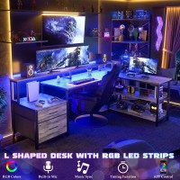 Aheaplus L Shaped Desk With File Drawer 66 Reversible L Shaped Computer Desk With Power Outlet Led Strip Gaming Desk With