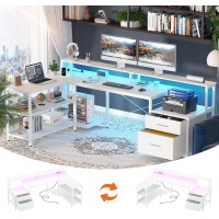 Aheaplus L Shaped Desk With File Drawer 66 Reversible L Shaped Computer Desk With Power Outlet Led Strip Gaming Desk With