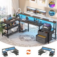 Aheaplus L Shaped Desk With File Drawer 66 Reversible L Shaped Computer Desk With Power Outlet Led Strip Gaming Desk With