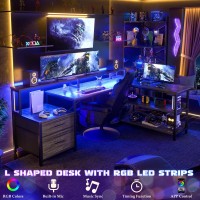 Aheaplus L Shaped Desk With File Drawer 66 Reversible L Shaped Computer Desk With Power Outlet Led Strip Gaming Desk With