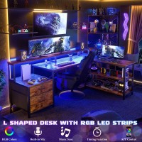 Aheaplus L Shaped Desk With File Drawer 66 Reversible L Shaped Computer Desk With Power Outlet Led Strip Gaming Desk With