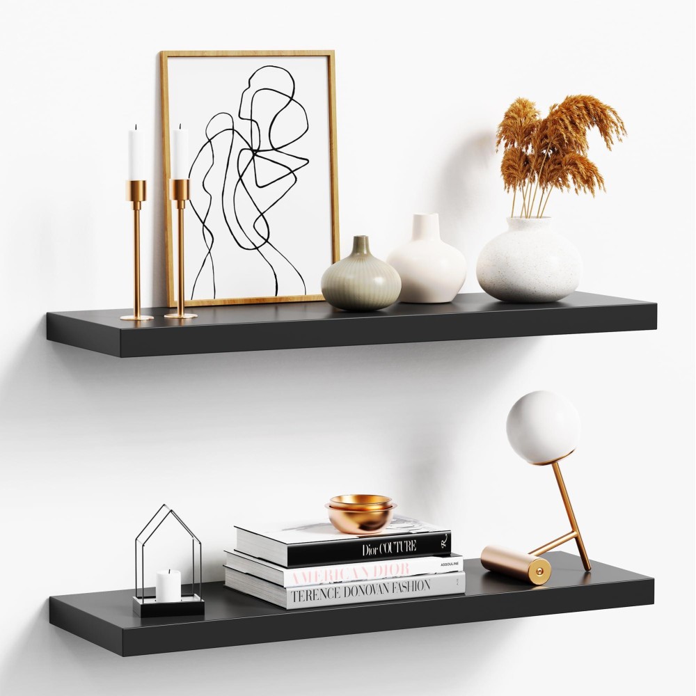 Oridom Floating Shelves For Wall Black Wood Wall Shelf Set Of 2 24 Wall Mounted Floating Shelf For Kitchen Living Room Bed