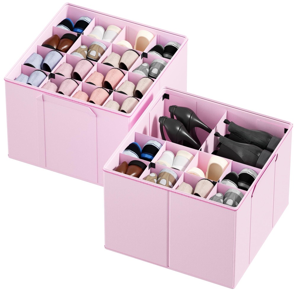 Spaceaid Shoe Organizer For Closet 2 Pack Foldable Shoe Storage Containers Baskets Boxes Bins Wadjustable Dividers Fits 1632