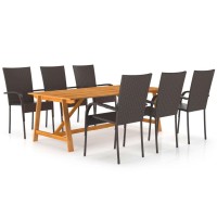 Vidaxl 7 Piece Patio Dining Set - Solid Acacia Wood & Pe Rattan - Weather-Resistant - Farmhouse And Modern Style - Easy To Maintain - Sturdy & Durable For Outdoor Use