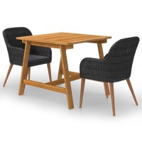 Vidaxl 3 Piece Patio Dining Set With Solid Acacia Wood Table And Black Pe Rattan Chairs - Modern Outdoor Furniture With Dark Gray Cushions