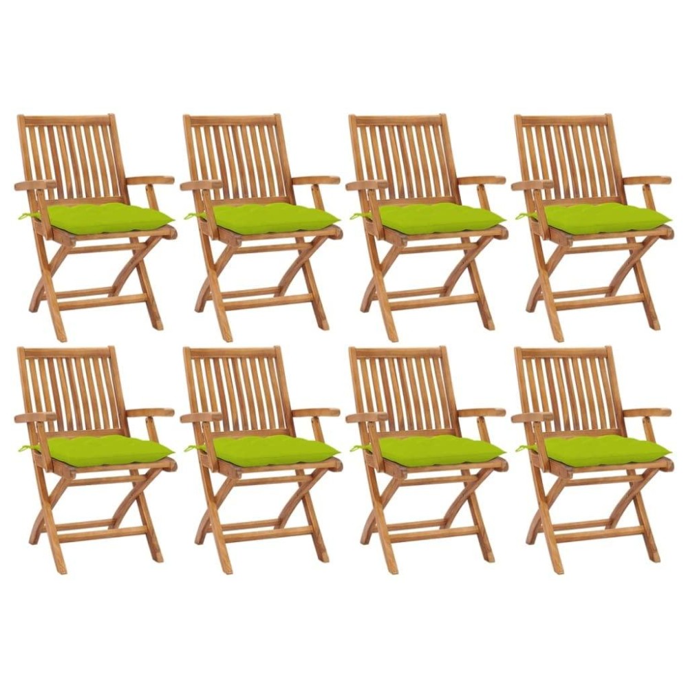 Vidaxl 8Pcs Folding Patio Chairs Set With Cushions-Bright Green, Outdoor Seat For Garden, Fine-Sanded Solid Teak Wood Design, Easy Storage, Weather-Resistant