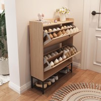 Avzear Freestanding Shoe Cabinet With 2 Flip Drawers Modern Narrow Organizer For Hallway Bedroom And Entryway Natural