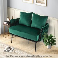 Komfott 43??Loveseat Sofa, Modern Upholstered 2-Seat Sofa With 2 Back Pillows, Woven Backrest & Armrest, Mid Century Modern Dutch Velvet Sofa For Living Room Bedroom Apartment (Green)